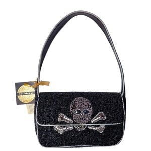 💀 Viral Beaded Skull & Crossbones Shoulder Bag – Black & Silver Gothic Purse